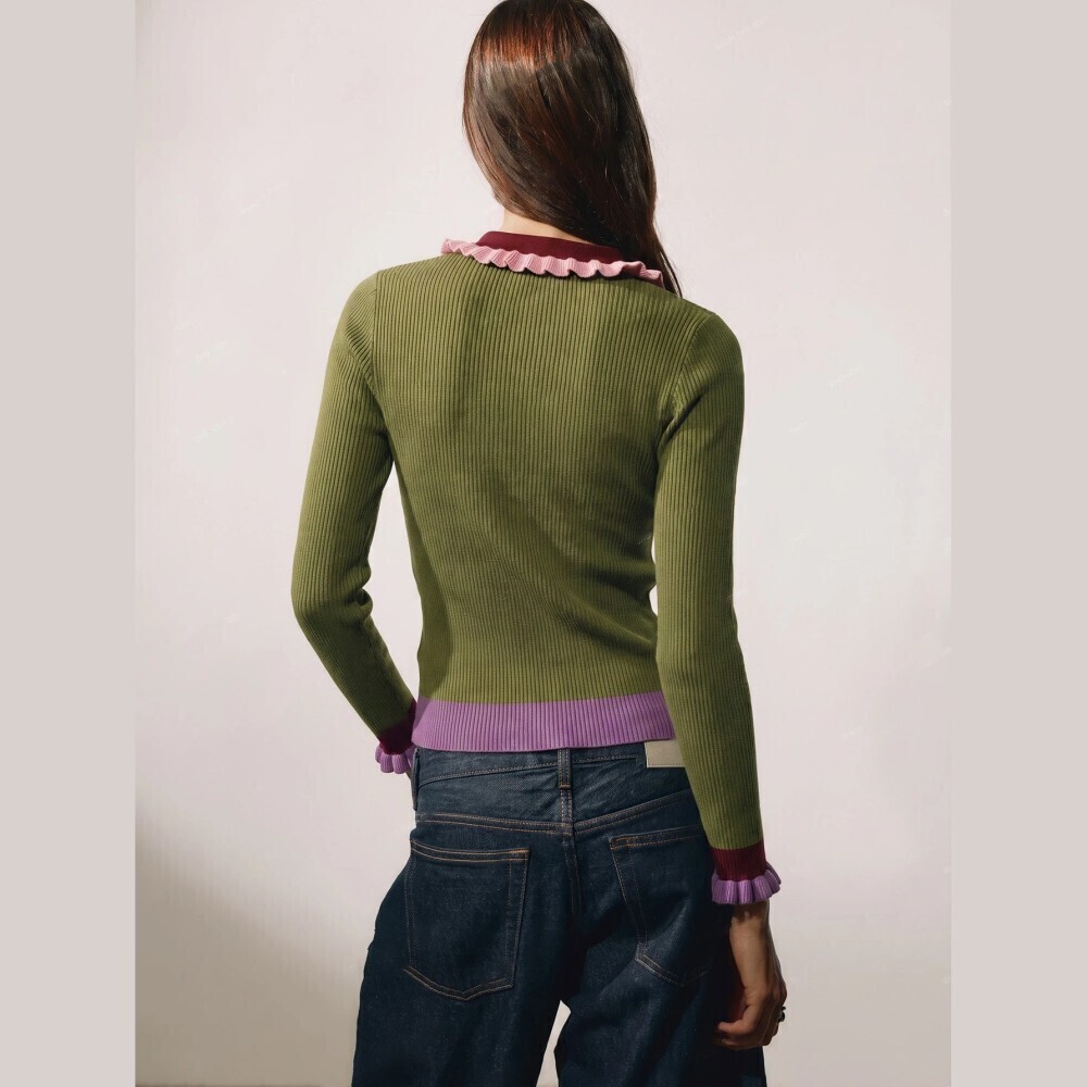 Olive Green Ribbed Knit Colorblock Ruffle Collar Keyhole Sweater - Picture 7 of 7